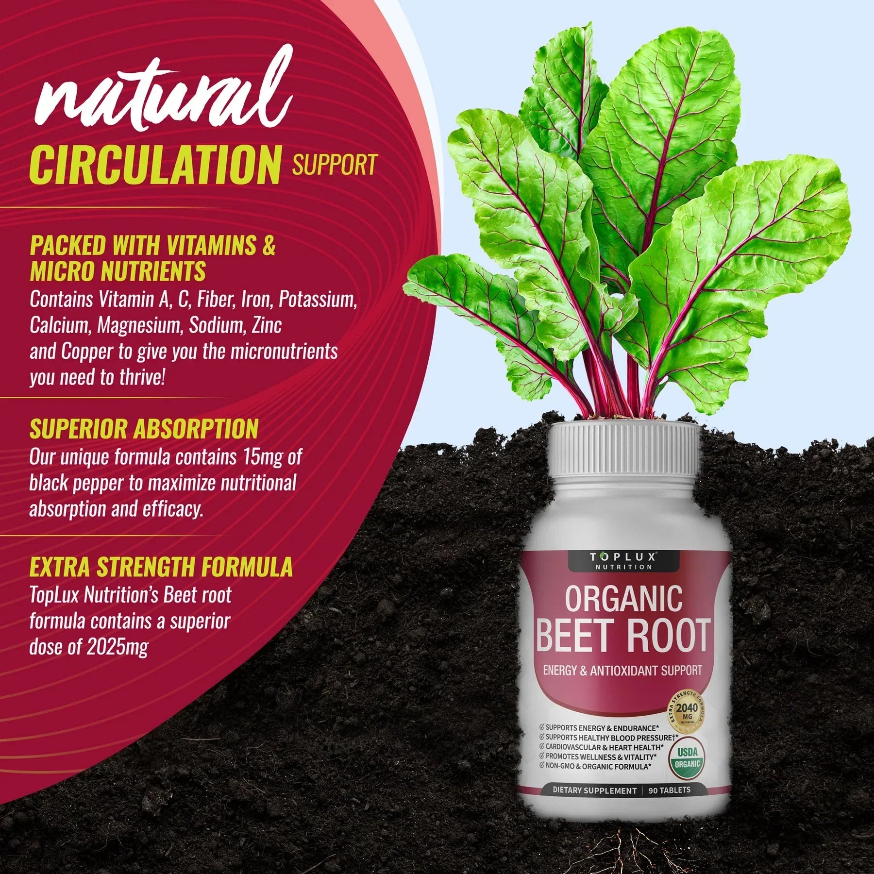 Organic Beet Root Powder Tablets 2040mg – Energy & Circulation Support (90 Ct)