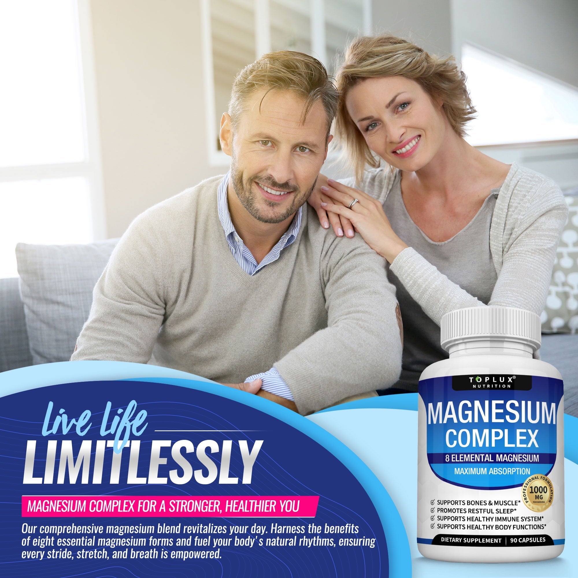 Toplux Magnesium Complex 8 Elemental Magnesium Supplement 1000mg Glycinate, Citrate, Malate, Taurate